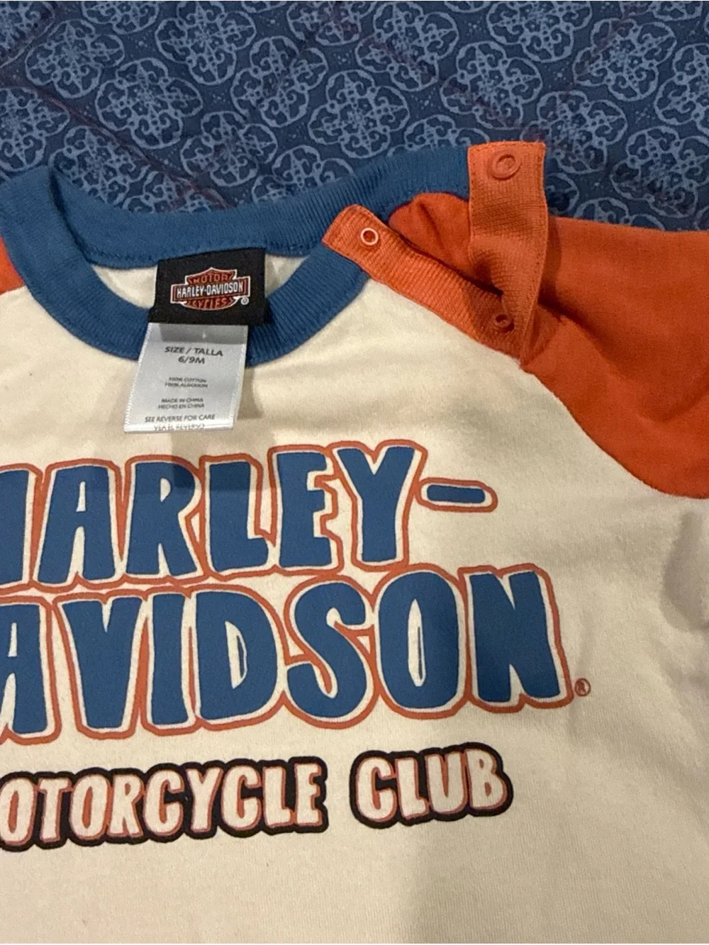 Harley-Davidson Baby One-Piece in White, Blue & Orange 6 to 9 moths